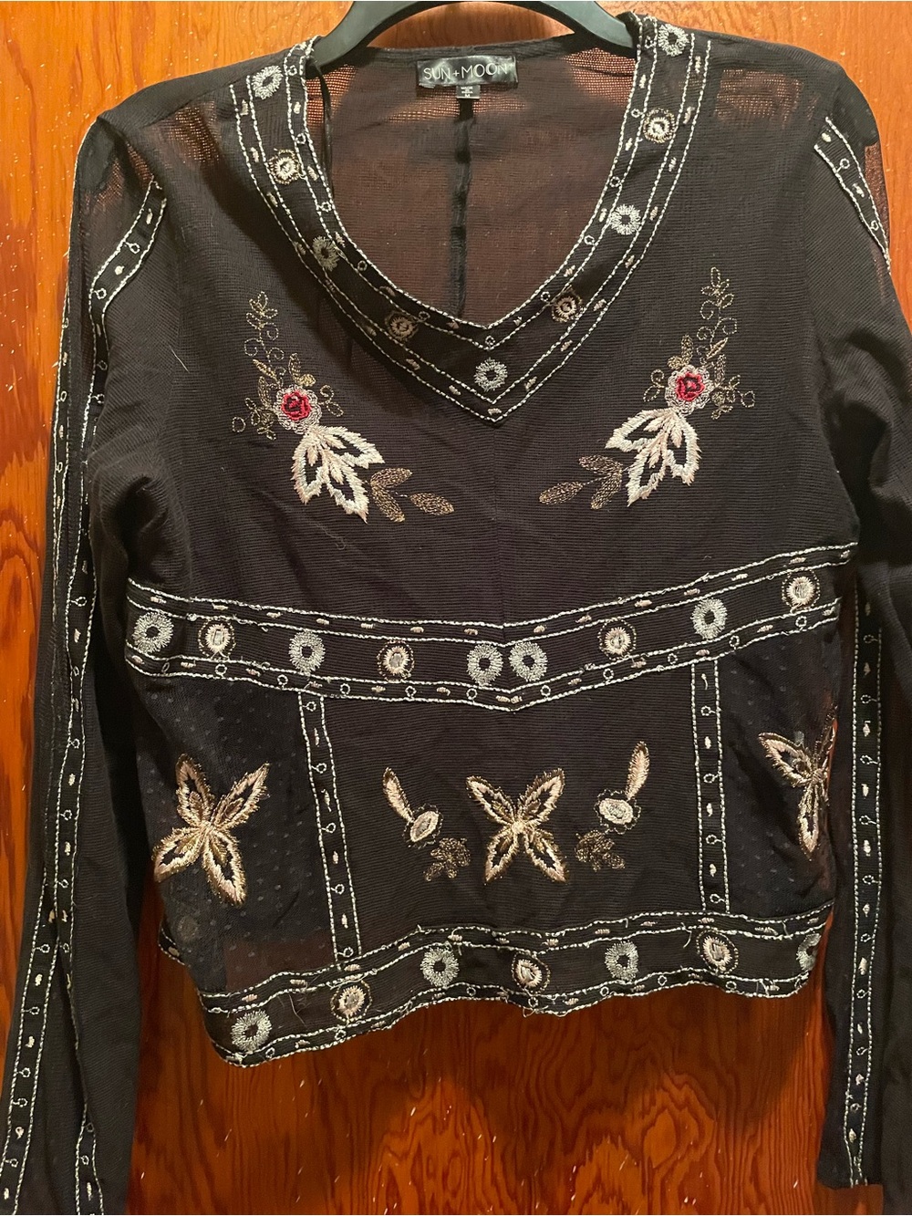 Sun n Moon Black Sheer V-Neck Long Sleeve Top with Embroidered Accents